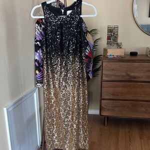 Nicole Miller Black and Gold Sequin Midi Dress